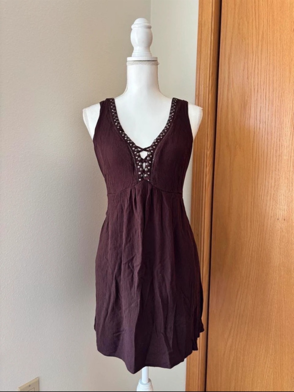 Idyllwind Sleeveless Deep Brown V-Neck Midi Dress with Studded Trim